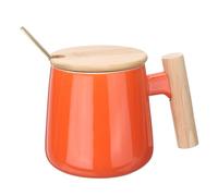 sourcing map Ceramic Coffee Mug 12.85 Oz Simple Wooden Handle Large Tea Cup Handmade Ceramic Mugs Gift Set with Lid and Spoon for Office Kitchen Home and Gifts for Women and Men, Orange