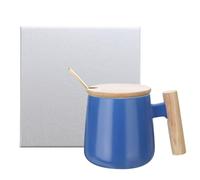 sourcing map Ceramic Coffee Mug Set 12.85 Oz Simple Wooden Handle Large Tea Cup Handmade Ceramic Mugs Gift Box with Lid and Spoon for Office Kitchen Home and Gifts for Women and Men, Blue