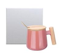 sourcing map Ceramic Coffee Mug Set 12.85 Oz Simple Wooden Handle Large Tea Cup Handmade Ceramic Mugs Gift Box with Lid and Spoon for Office Kitchen Home and Gifts for Women and Men, Pink