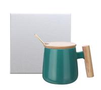 sourcing map Ceramic Coffee Mug Set 12.85 Oz Simple Wooden Handle Large Tea Cup Handmade Ceramic Mugs Gift Box with Lid and Spoon for Office Kitchen Home and Gifts for Women and Men, Green