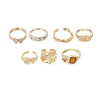 sourcing map Chunky Gold Rings Set for Women Adjustable Gemstone Stackable Ring Open Vintage Statement Stacking Jewelry, Pack of 7, Golden Tone