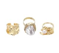 sourcing map Chunky Gold Rings Set for Women Adjustable Pearl Stackable Ring Open Vintage Statement Stacking Jewelry, Pack of 3, Golden Tone