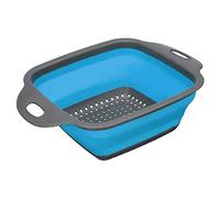 sourcing map Collapsible Colander, Silicone Square Foldable Strainer with Handle Space Saving Suitable for Pasta, Vegetables, Fruits - Blue Small