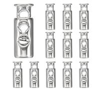 sourcing map Cord Lock Plastic Spring Toggle Stopper Double Hole Elastic Cord Adjuster Fastener Slider for Drawstring Paracord Shoelaces Clothing Bags, Silver, Pack of 12