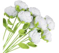 sourcing map Crochet Flowers Handmade Knitting Rose Artificial Woven Small Potted with Stems for Valentine's Gifts Home Wedding Party Office Table Decor, White Count 10