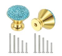 sourcing map Drawer Knobs,2Pcs 1.1 Inch (28mm) Diameter Bling Diamond Decoration Cabinet Knob, Round Rhinestones Pull Handle with Screws for Home, Office, Kitchen (Gold Base + Lake Blue Diamond)