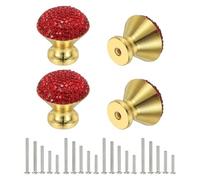 sourcing map Drawer Knobs,4Pcs 1.1 Inch (28mm) Diameter Bling Diamond Decoration Cabinet Knob, Round Rhinestones Pull Handle with Screws for Home, Office, Kitchen (Gold Base + Red Diamonds)