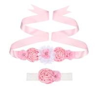 sourcing map Flower Sash Belt Headband Set, 71 Inch Women Wedding Belt Set Handmade with Flowers Pearls Rhinestone Ribbon Sash for Pregnant Bride Bridesmaid Dress Wedding Prom Gown, Pink