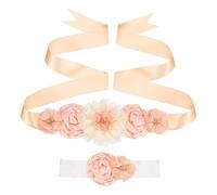 sourcing map Flower Sash Belt Headband Set, 71 Inch Women Wedding Belt Set Handmade with Flowers Pearls Rhinestone Ribbon Sash for Pregnant Bride Bridesmaid Dress Wedding Prom Gown, Light Pink