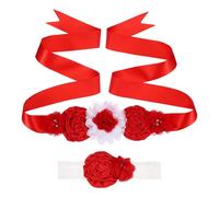 sourcing map Flower Sash Belt Headband Set, 71 Inch Women Wedding Belt Set Handmade with Flowers Pearls Rhinestone Ribbon Sash for Pregnant Bride Bridesmaid Dress Wedding Prom Gown, Red