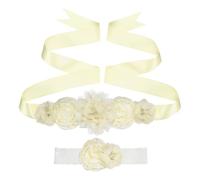 sourcing map Flower Sash Belt Headband Set, Women Wedding Belt Set Handmade with Flowers Pearls Rhinestone Ribbon Sash