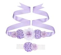 sourcing map Flower Sash Belt Headband Set, Women Wedding Belt Set Handmade with Flowers Pearls Rhinestone Ribbon Sash
