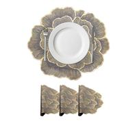 sourcing map Gold Edge Grey Floral Rose Round Placemats Set of 4 for Dinner Tables, Metallic Polyvinyl Pressed Placemats Washable Table Mats for Dinner Table Decor (15" x 15"/38 x 38cm)