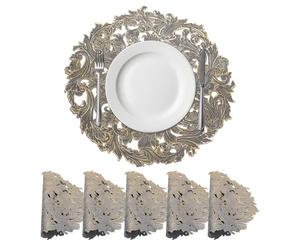 sourcing map Gold Grey Round Sea Water Shaped Placemats Set of 6 for Dinner Tables, Metallic Polyvinyl Pressed Placemats Washable Table Mats for Dinner Table Decor (15" x 15"/38 x 38cm)