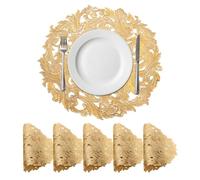 sourcing map Gold Round Sea Water Shaped Placemats Set of 6 for Dinner Tables, Metallic Polyvinyl Pressed Placemats Washable Table Mats for Dinner Table Decor (15" x 15"/38 x 38cm)