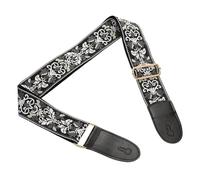 sourcing map Guitar Strap, Cotton Webbing Leather Ends Straps Vintage Embroidered 2" Wide Adjustable Straps with Light Gold Buckle for Acoustic, Electric, Bass Guitars, Black-White Jacquard