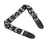 sourcing map Guitar Strap, Cotton Webbing Leather Ends Straps Vintage Embroidered 2" Wide Adjustable Straps with Light Gold Buckle for Acoustic, Electric, Bass Guitars, Black Jacquard