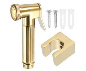 sourcing map Handheld Bidet Sprayer for Toilet, Metal Bathroom Sprayer Kit Adjustable Water Pressure Control with Bidet Sprayer Holder and Screw for Kitchen Toilet Flushing Washing, Gold