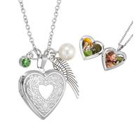 sourcing map Heart Locket Necklace for Women, Engraved Floral Locket Necklace Heart Pendant that Hold Photo with August Green Birthstone, Wing, Pearl and Gift Box for Women Jewelry Gift