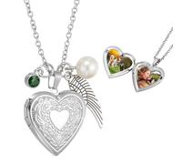 sourcing map Heart Locket Necklace for Women, Engraved Floral Locket Necklace Heart Pendant that Hold Photo with May Dark Green Birthstone, Wing, Pearl and Gift Box for Women Jewelry Gift