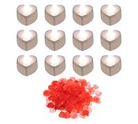 sourcing map Heart Shaped LED Candles Flameless LED Tea Light Candle White Light with Artificial Red Rose Petals for Romantic Night Valentine's Day Anniversary Wedding Birthday, 12 Pack