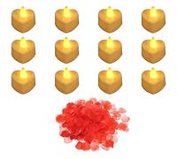 sourcing map Heart Shaped LED Candles Flameless LED Tea Light Candle Yellow Light with Artificial Red Rose Petals for Romantic Night Valentine's Day Anniversary Wedding Birthday, 12 Pack