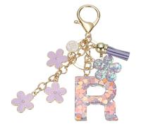 sourcing map Initial Letter Keychain, Cute Tassel Cherry Blossom Keychain Alphabet R Letter Charm with Flower Pendant for Women Girls Key Purse Handbag Backpack (Purple, Pack of 1)