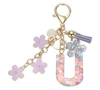 sourcing map Initial Letter Keychain, Cute Tassel Cherry Blossom Keychain Alphabet U Letter Charm with Flower Pendant for Women Girls Key Purse Handbag Backpack (Purple, Pack of 1)