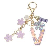 sourcing map Initial Letter Keychain, Cute Tassel Cherry Blossom Keychain Alphabet V Letter Charm with Flower Pendant for Women Girls Key Purse Handbag Backpack (Purple, Pack of 1)