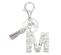 sourcing map Initial Letter Keychain with Tassel and Pearl, Bling Alphabet Letter m Keyring Rhinestone Keychains with Key Ring for Key Purse Bags Handbags Car Key Cup, Silver