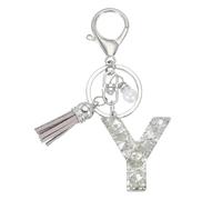 sourcing map Initial Letter Keychain with Tassel and Pearl, Bling Alphabet Letter Y Keyring Rhinestone Keychains with Key Ring for Key Purse Bags Handbags Car Key Cup, Silver