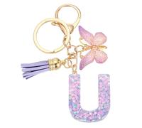 sourcing map Initial Letter Keychains, Resin Cute Butterfly Tassel Pendant Accessory for Women, Alphabet Key Ring for Purse Handbags Backpack, Purple-U