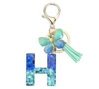 sourcing map Initial Letter Keychains, Resin Cute Butterfly Tassel Pendant Accessory for Women, Alphabet Key Ring for Purse Handbags Backpack, Teal-H
