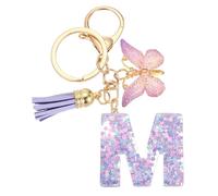sourcing map Initial Letter Keychains, Resin Cute Butterfly Tassel Pendant Accessory for Women, Alphabet Key Ring for Purse Handbags Backpack, Purple-M