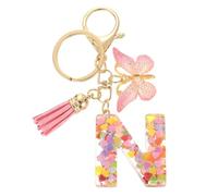 sourcing map Initial Letter Keychains, Resin Cute Butterfly Tassel Pendant Accessory for Women, Alphabet Key Ring for Purse Handbags Backpack, Pink-N