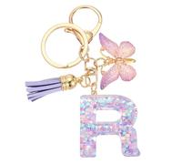 sourcing map Initial Letter Keychains, Resin Cute Butterfly Tassel Pendant Accessory for Women, Alphabet Key Ring for Purse Handbags Backpack, Purple-R