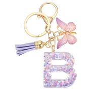 sourcing map Initial Letter Keychains, Resin Cute Butterfly Tassel Pendant Accessory for Women, Alphabet Key Ring for Purse Handbags Backpack, Purple-B