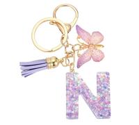 sourcing map Initial Letter Keychains, Resin Cute Butterfly Tassel Pendant Accessory for Women, Alphabet Key Ring for Purse Handbags Backpack, Purple-N