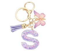 sourcing map Initial Letter Keychains, Resin Cute Butterfly Tassel Pendant Accessory for Women, Alphabet Key Ring for Purse Handbags Backpack, Purple-S