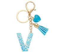 sourcing map Initial Letter Keychains, Resin Cute Heart Tassel Pendant Accessory for Women, Alphabet Key Ring for Purse Handbags Backpack, Blue-V