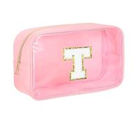sourcing map Initial Makeup Bag, Pink Clear Cosmetic Bag Case Transparent Toiletry Organizer with Zipper, Portable Makeup Pouch for Daily Use Travel, Letter T