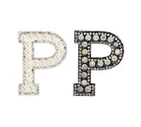 sourcing map Iron on Decorative Letter P Black White Patch Glitter Alphabet Applique Rhinestone Pearl English Letter for DIY Clothes Repair Hats Bags Pack of 2