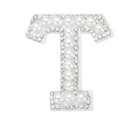 sourcing map Iron on Pearl Letter T Patches, Pearl Rhinestone A-Z Alphabet Self Adhesive Sew on Patches, Glitter Letter Applique for Clothes Fabric DIY Backpack, White