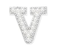 sourcing map Iron on Pearl Letter V Patches, Pearl Rhinestone A-Z Alphabet Self Adhesive Sew on Patches, Glitter Letter Applique for Clothes Fabric DIY Backpack, White