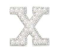 sourcing map Iron on Pearl Letter X Patches, Pearl Rhinestone A-Z Alphabet Self Adhesive Sew on Patches, Glitter Letter Applique for Clothes Fabric DIY Backpack, White
