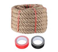 sourcing map Jute Rope 2 Inch x 75ft, Heavy Natural Thick Twisted Rope with 2 Roll Tapes for Crafts Railing Docks Tug of War Swing Nautical Landscaping