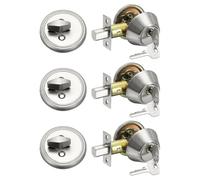 sourcing map Keyed Alike Single Cylinder Deadbolt Door Lock Round Entry Front Door Handle Set for Door Thickness 1.2-2 Inch (Silver Tone, Pack of 3)