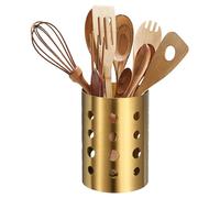 sourcing map Kitchen Utensil Holder, 3.9x5.5 Stainless Steel Utensil Cutlery Holder Round Flatware Organizer with Drain Hole for Kitchen Restaurant Countertop Straw, Spoon, Chopstick, Gold