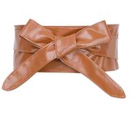 sourcing map Ladies Faux Leather Self Tie Bowknot Wide Waist Band Sash Obi Belt for Dresses Brown Color 220x8.5cm/86.6x3.3"