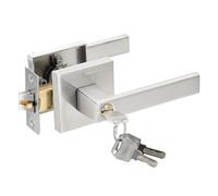 sourcing map Lever Door Lock with Key, Stainless Steel Entry Door Handle with Lock Square Lever Handle Set Fits 1-3/8" to 1-7/9" Door Thickness for Bedroom Bathroom, Silver